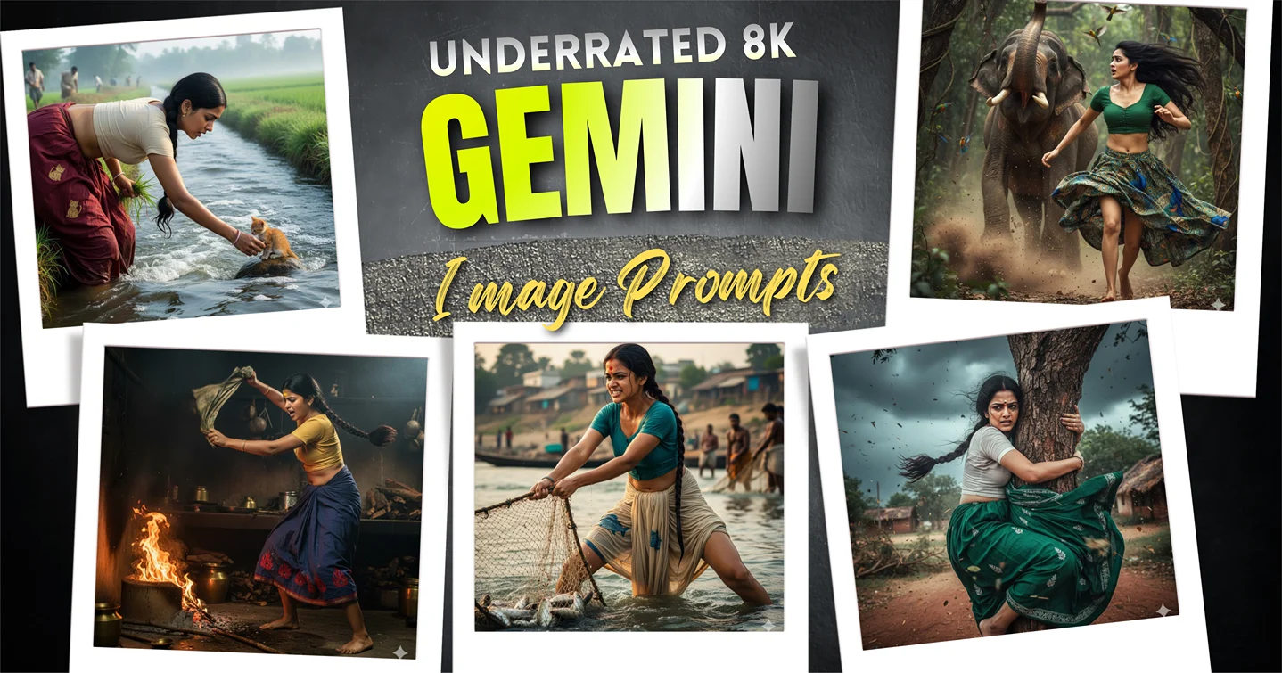 Gemini AI photo editing prompts result: Hyper-realistic Indian woman AI prompt for dynamic action, use these copy paste prompts for Gemini to generate viral 8K portraits.