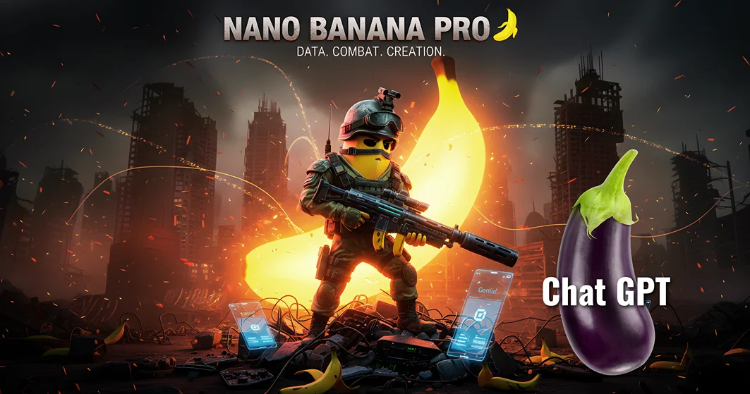 Cinematic featured image for the Nano Banana Pro vs ChatGPT image review. An armored Banana Pro character stands ready for digital combat in a ruined city with a glowing banana logo behind it, facing a large Eggplant representing Chat GPT. This visually represents the "War for Accuracy" in Multimodal AI Image Generation.