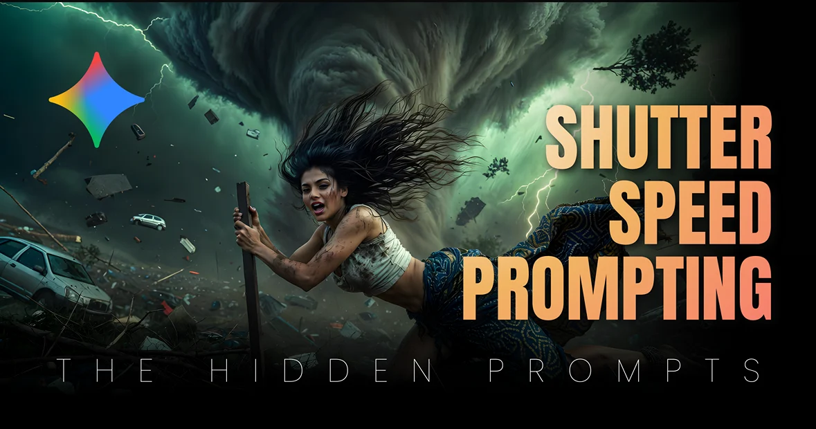 ADVANCED Google Gemini photorealistic Girl image showcasing extreme motion freeze from a tornado, generated using a custom Professional cinematic disaster prompt and precise Shutter Speed Prompting techniques.