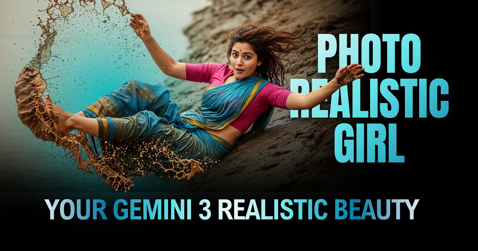 Gemini 3 Photorealistic Girl Image Prompt generating a young village girl sliding down a steep mud embankment with wet texture dynamics, demonstrating uncontrolled motion physics and Arriflex 16mm film grain generated by DeepMind’s rendering engine.