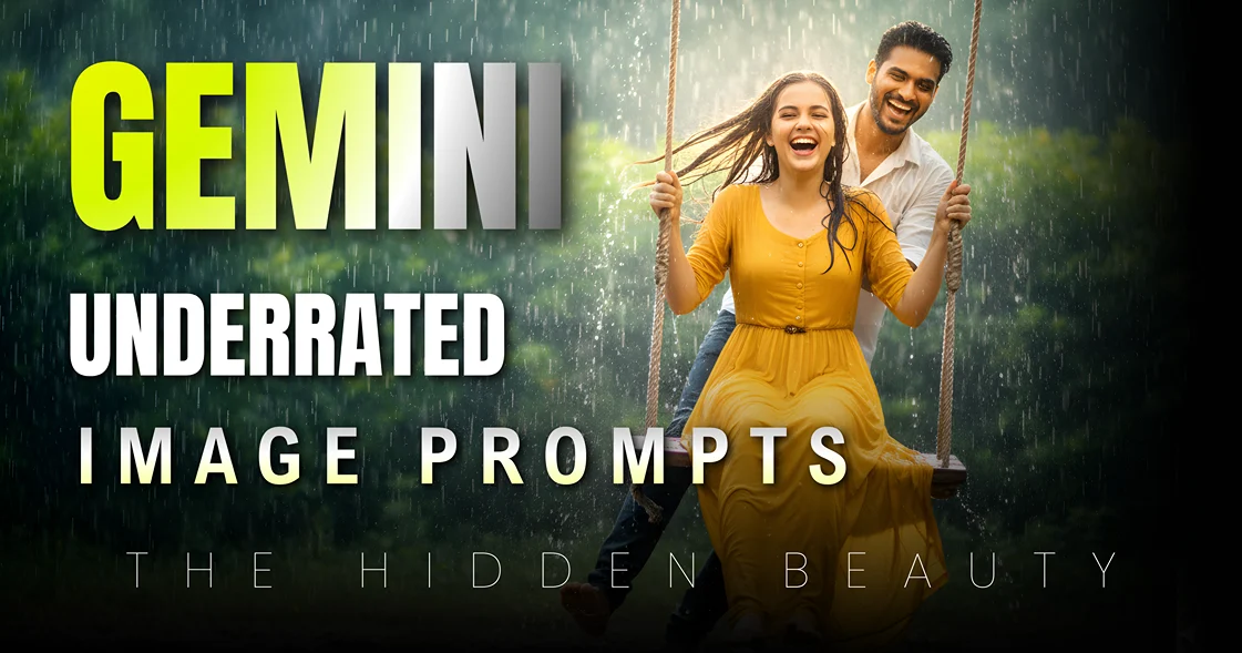 TOP 4 Google Gemini Couple Prompts featured image with a smiling Indian couple on a swing in the rain, promoting the "Best Gemini Couple Prompts."