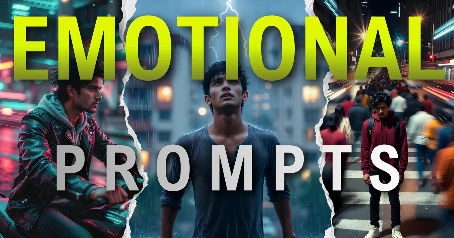 Gemini Image Prompts with Motion Blur collection featuring dramatic male portraits, urban rain photography, and cinematic action shots