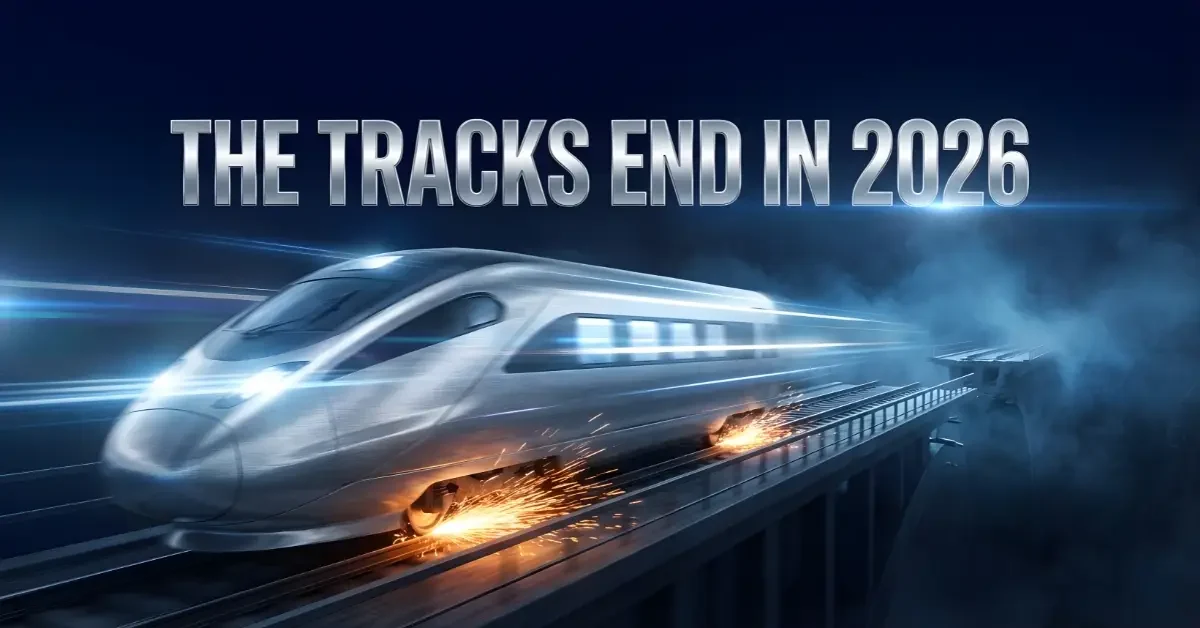 A digital railway labeled "AI Market Bubble 2026" ending at a sharp cliff, symbolizing the tech stock reset and the critical inflection point where the window to adjust positioning is narrowing