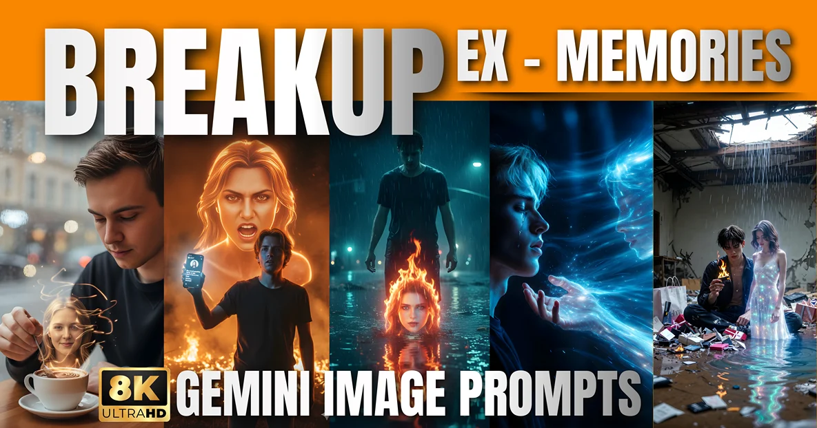 Google Gemini prompts: Photorealistic man portrait collage featuring sad boy AI prompts and holographic image concepts for dramatic cinematic breakup scene.