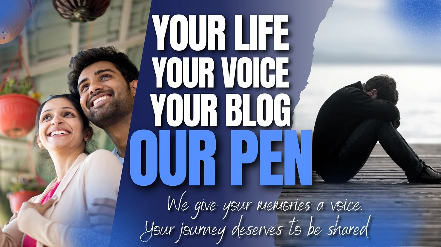 Grok imagine love failure prompts – photorealistic double exposure heartbreak scene of sad boy looking at old photos merged with girl dancing free at festival