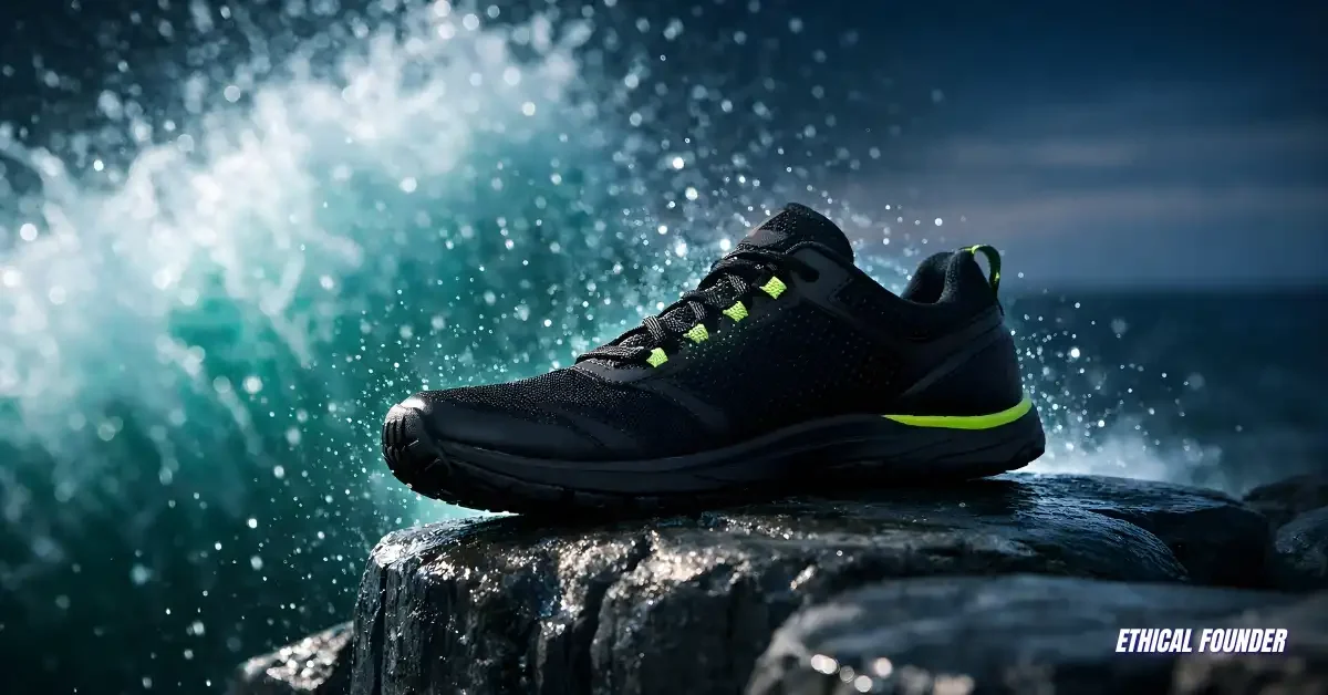 Extreme location zero-drop black athletic shoe design template mockup for high-end product photography. Master your sneaker template visuals on Shopify.