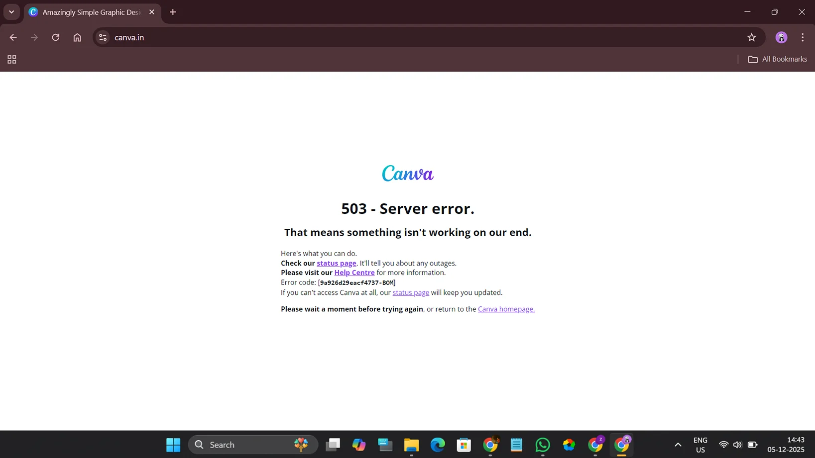 Screenshot of the browser displaying "500 Internal Server Error" on canva.com, confirming the Canva Not Working outage today.