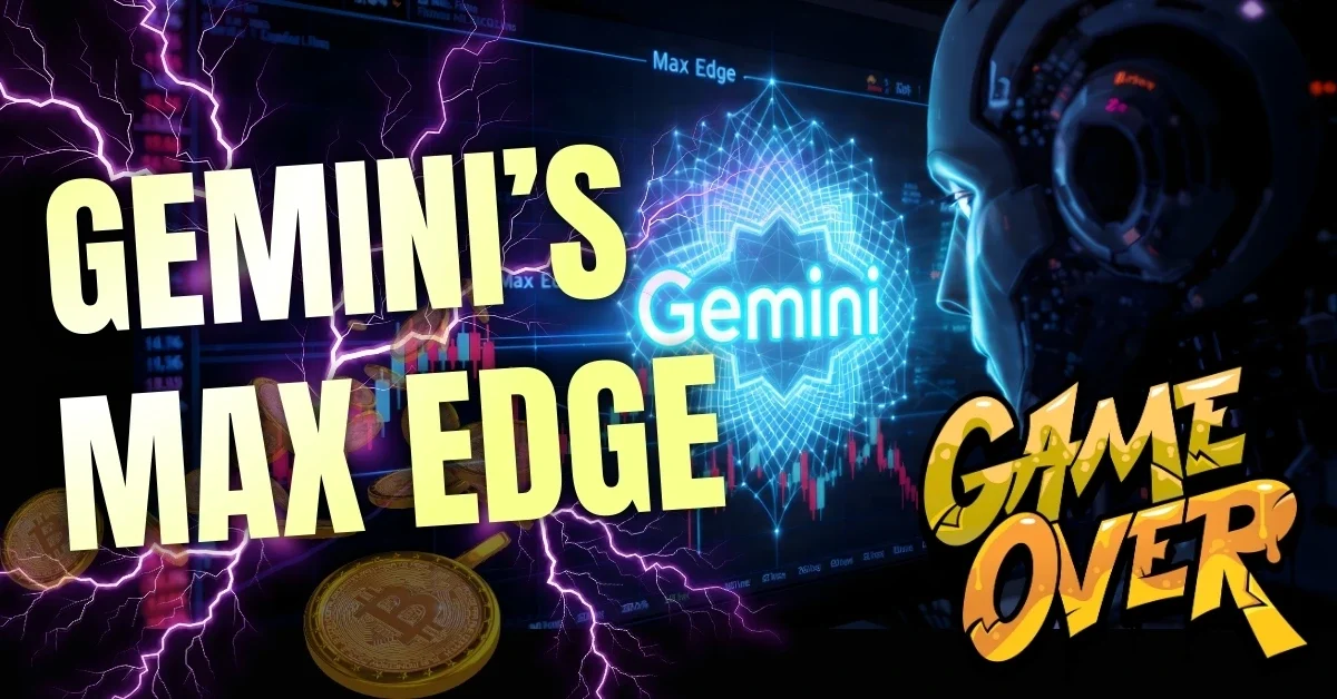 A futuristic Gemini AI trading strategy on a TradingView chart, featuring lightning and the text "GEMINI'S MAX EDGE" to illustrate the ultimate fractal trading strategy explained for crypto backtesting optimization.