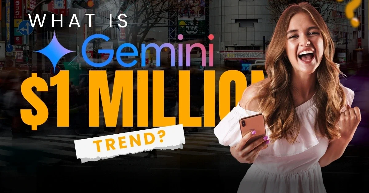 An excited person celebrating with a phone over the text "What is Gemini $1 Million Trend?" to represent the best way to earn 1 million income using a structured plan and building a millionaire mindset with AI.